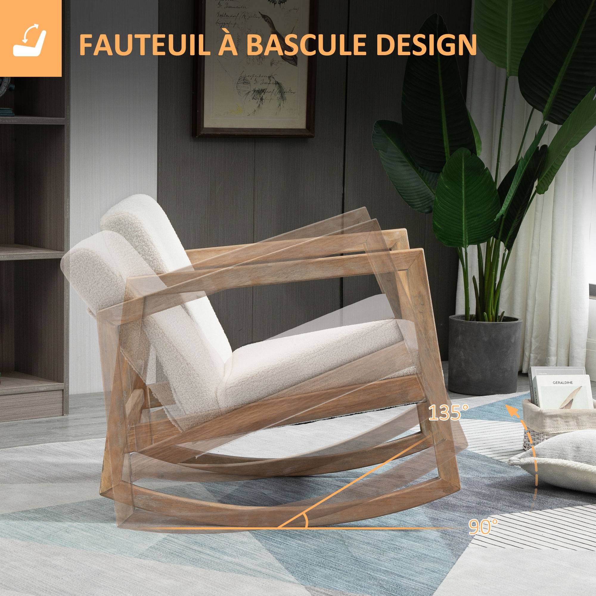 Fauteuil à bascule en tissu bouclé blanc crème, pieds en bois d'hévéa, siège confortable pour chambre et salon, 60 x 81 x 71 cm - Image 6