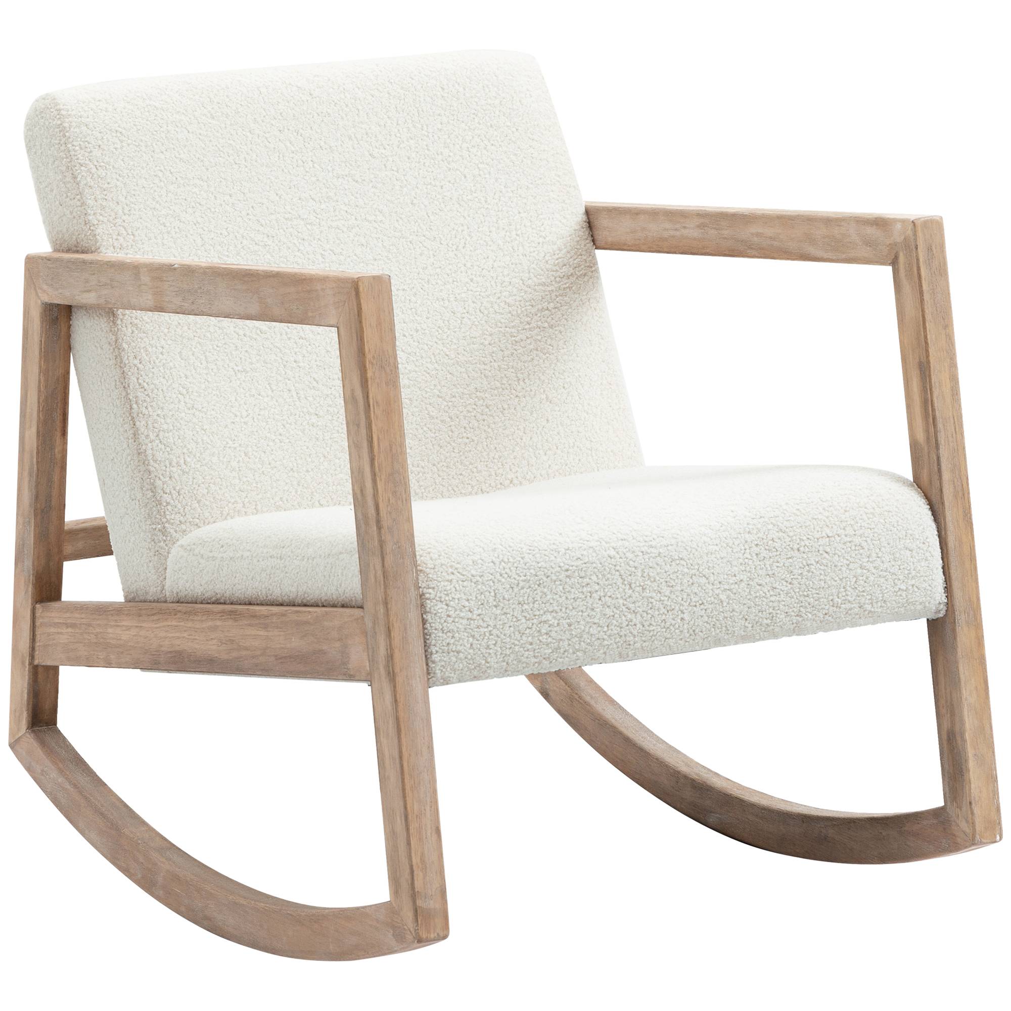 Fauteuil à bascule en tissu bouclé blanc crème, pieds en bois d'hévéa, siège confortable pour chambre et salon, 60 x 81 x 71 cm