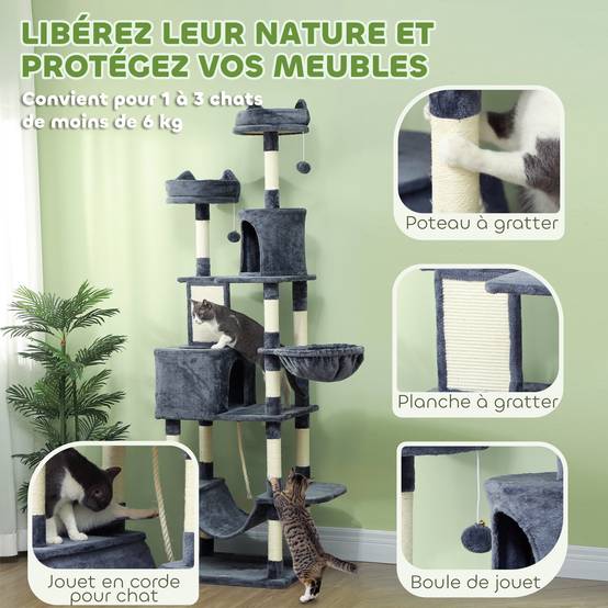 Arbre à chat panneaux de particules intérieur multi-niveaux 60x50x206cm gris foncé - ComfortXL Outdoor Living - Image 8