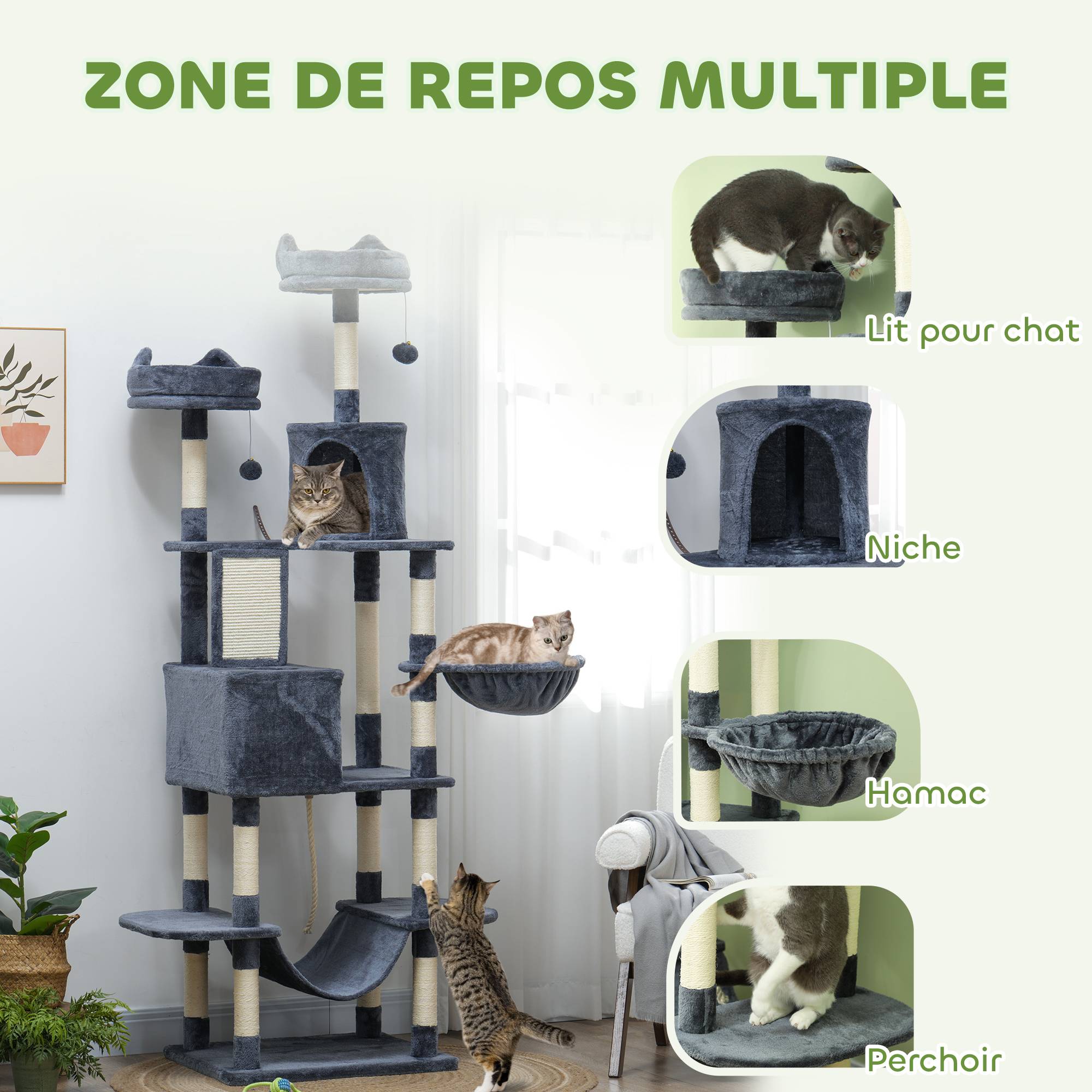 Arbre à chat panneaux de particules intérieur multi-niveaux 60x50x206cm gris foncé - ComfortXL Outdoor Living - Image 6