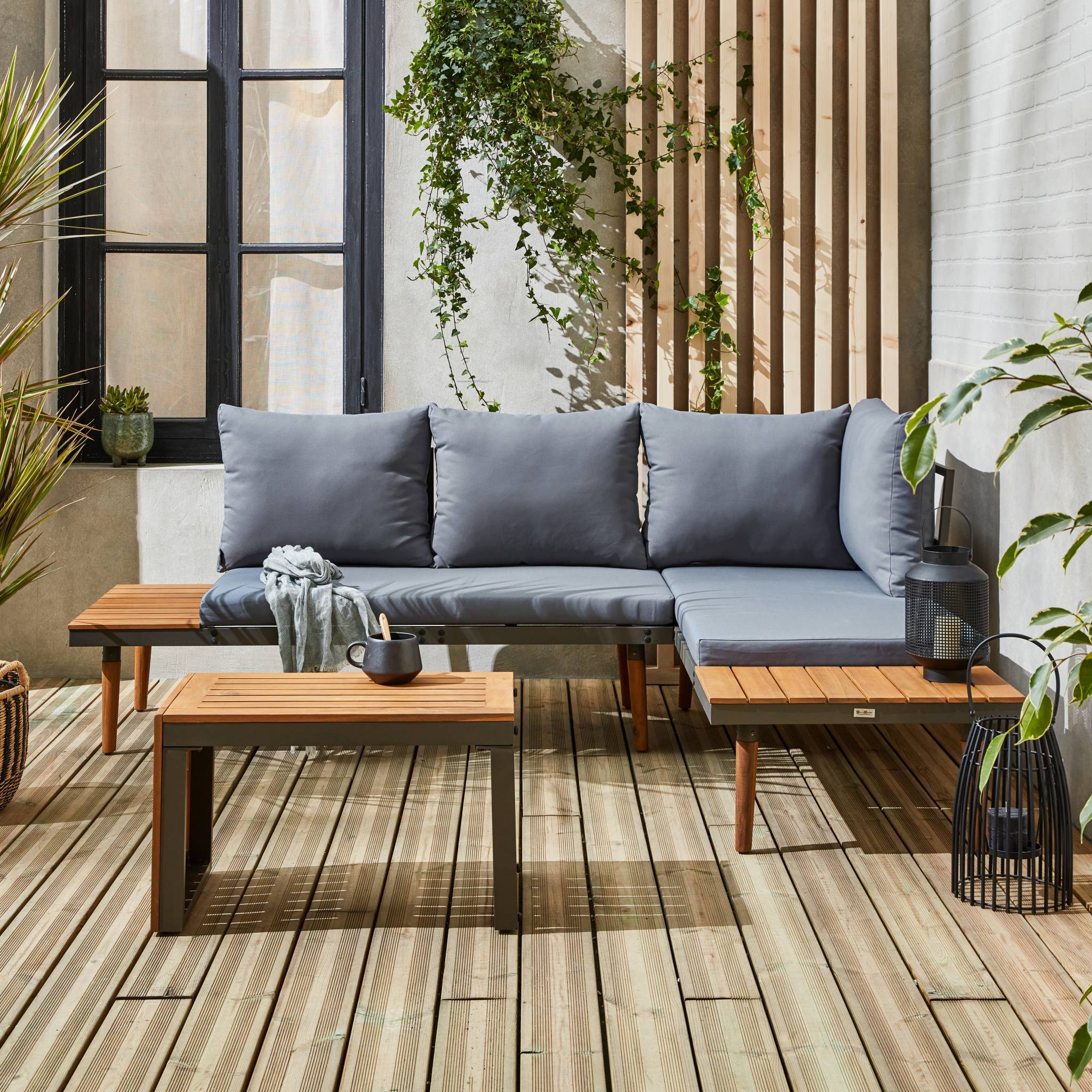 sweeek - Salon de jardin anthracite et gris modulable en aluminium et bois d'acacia. 4 places. Sao Paulo. 140 x 68 x 65cm | sweeek - Image 3