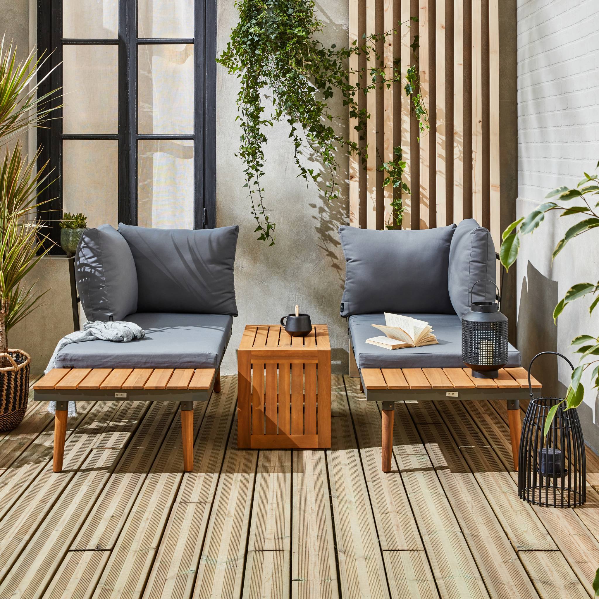 sweeek - Salon de jardin anthracite et gris  modulable en aluminium et bois d'acacia. 4 places. Sao Paulo. 140 x 68 x 65cm | sweeek - Image 5