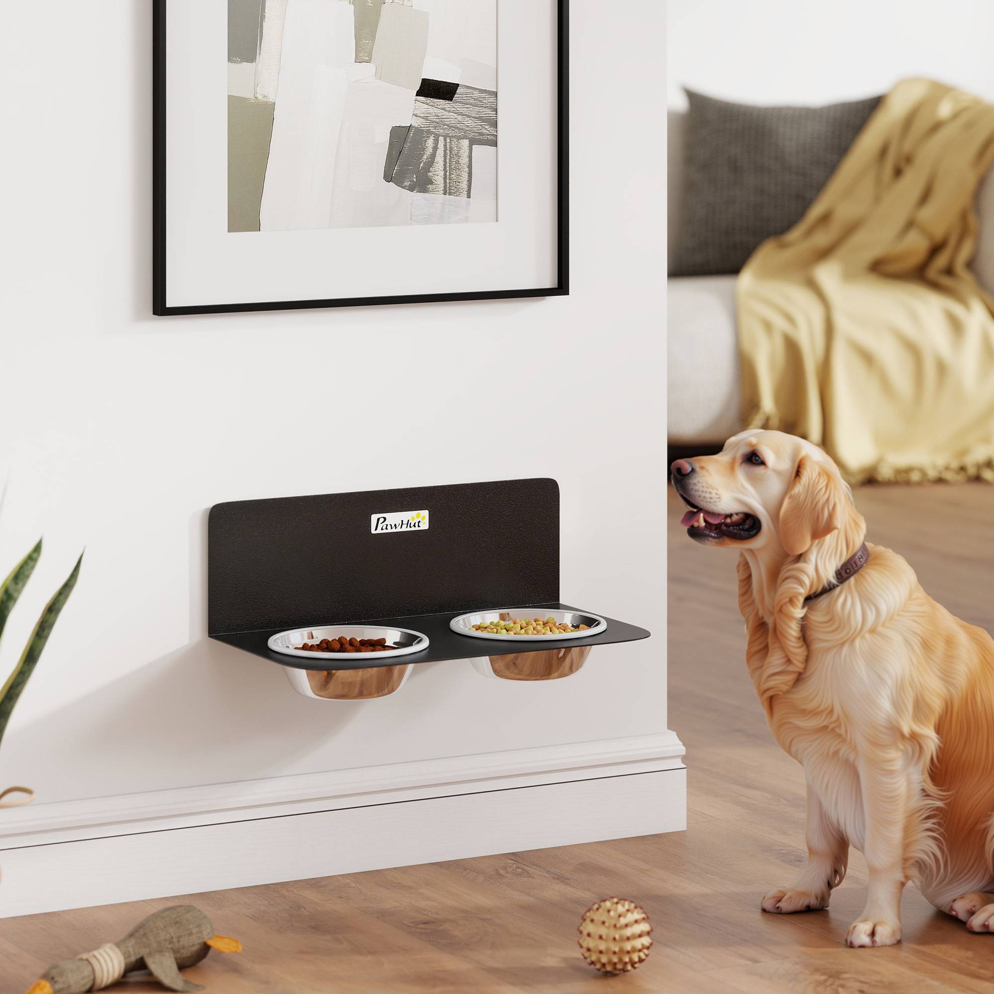 Sans Marque - Gamelle Bol pour Chien Double Gamelle Support Mural 2 Bols Acier Inox 800ml Hauteur Réglable 42x23,5x14cm Noir - Image 3