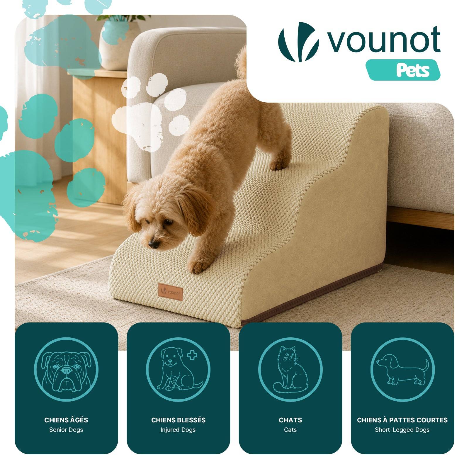 Vounot - Escalier pour chien et chat en mousse haute densite et housse lavable 57x40x40cm beige - Image 2