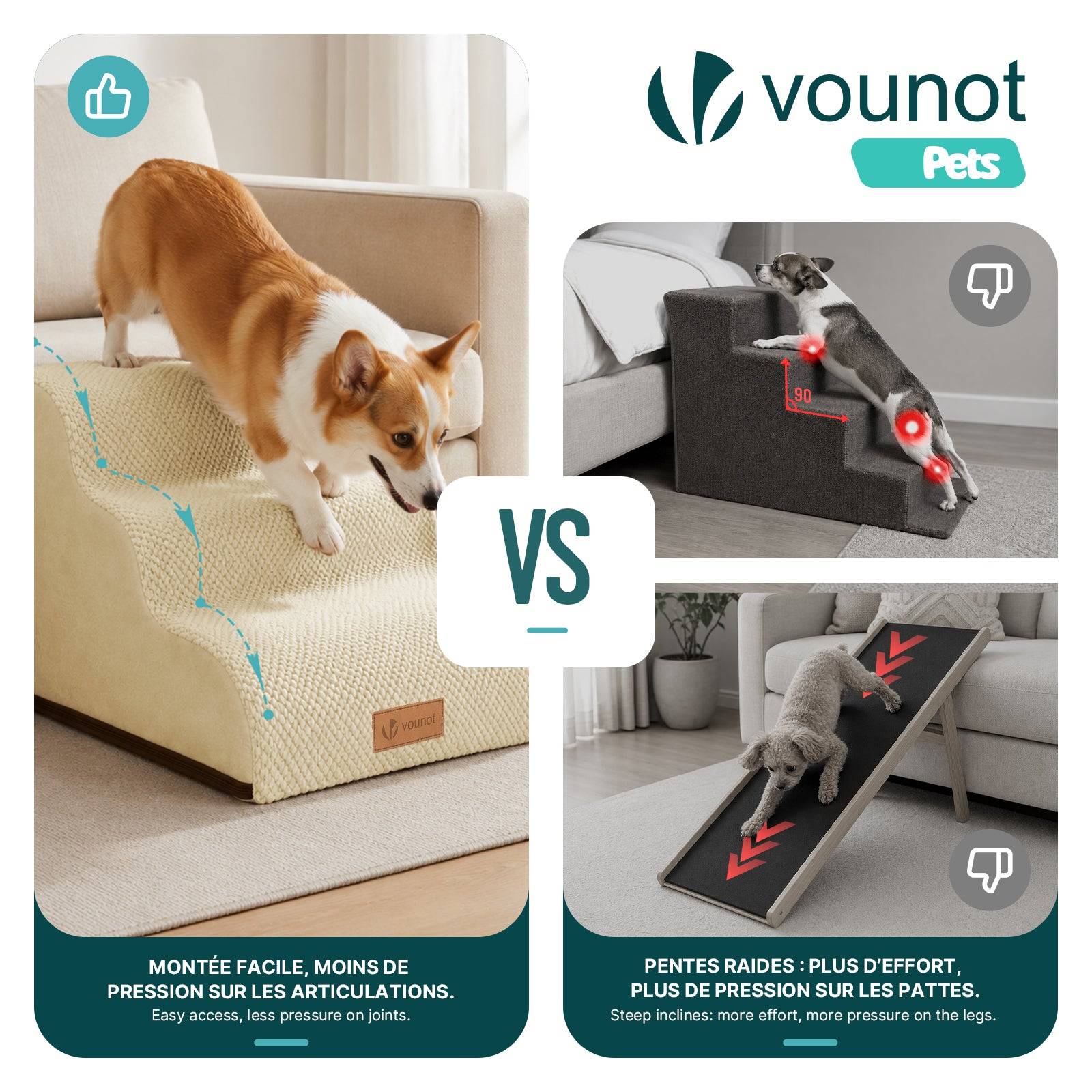 Vounot - Escalier pour chien et chat en mousse haute densite et housse lavable 57x40x40cm beige - Image 6