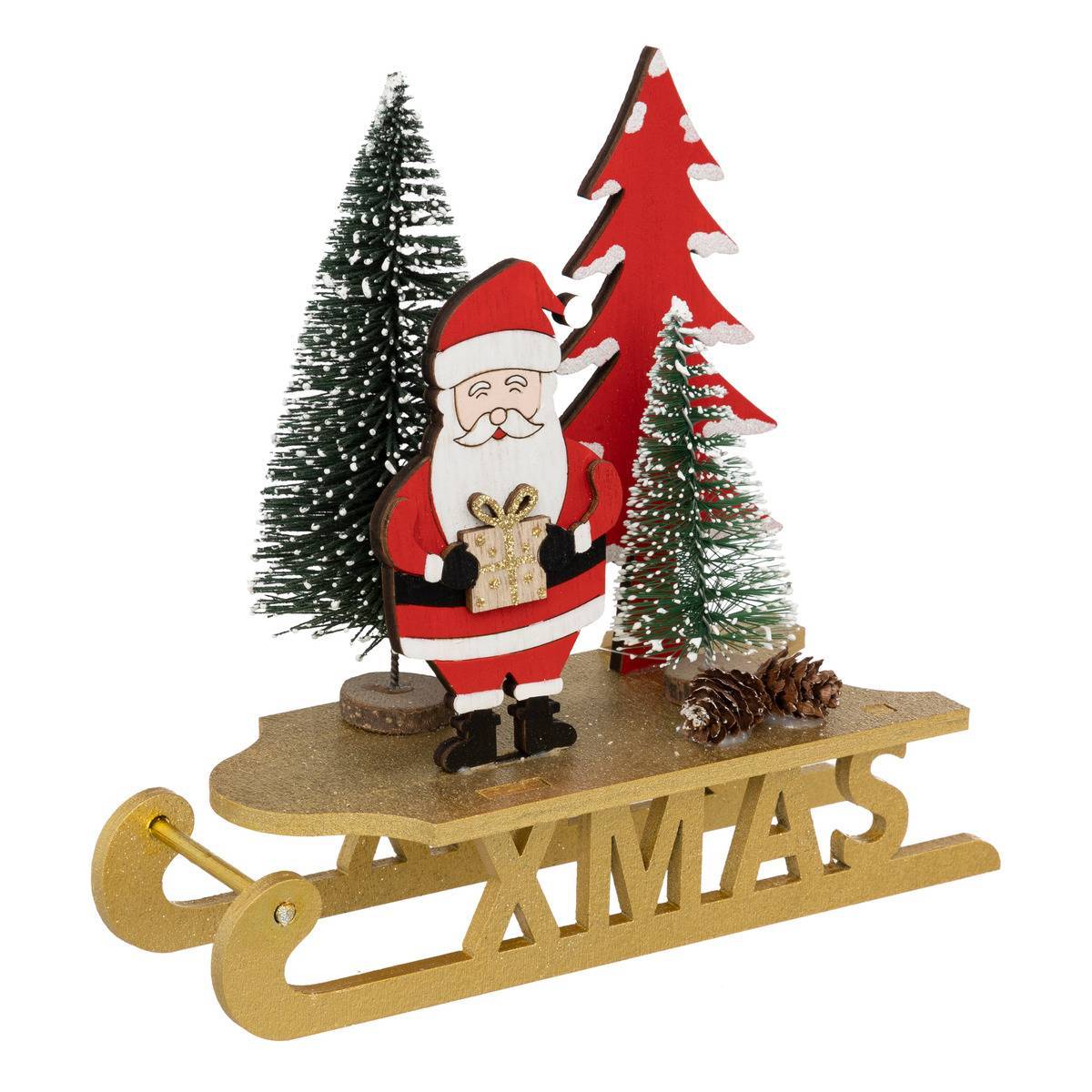 Feeric Christmas - Luge en bois "Xmas" doré avec père noël et sapin 18cm - Feeric Lights & Christmas