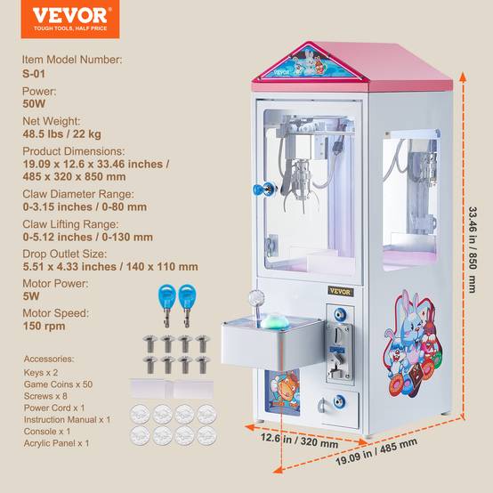 Vevor - Machine à griffes VEVOR, arcade commerciale, griffe acier réglable 0–130 mm, lumières et son, 50 pièces incluses, idéal pour enfants et fêtes. - Image 6