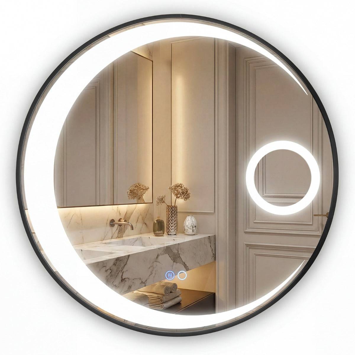 Helloshop26 - Miroir rond salle de bain 61 x 3,5 cm fonction anti-buée et loupe triple style moderne en aluminium noir
