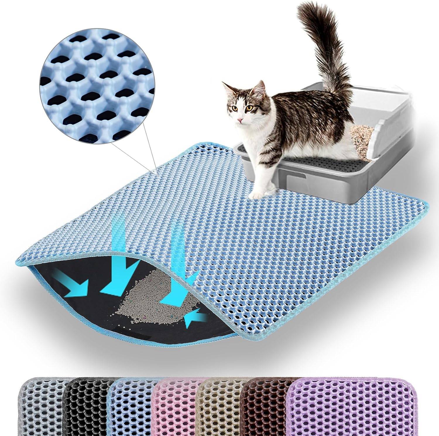 Tapis litière pour chat, double couche, nid d'abeille, antidérapant, imperméable et anti-urine, accessoire pour chat, 30*30 cm, bleu-Lytech - Image 7