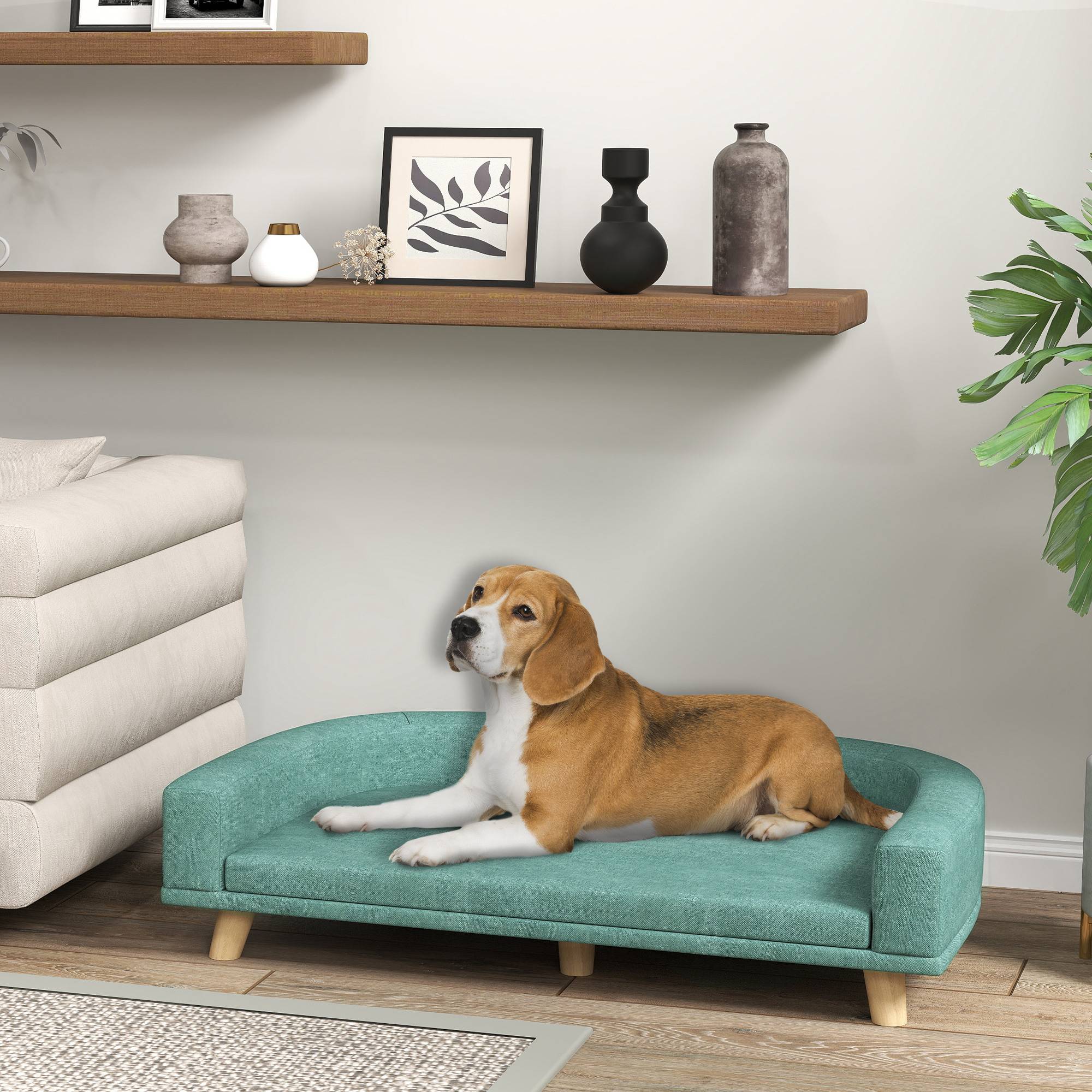 Canapé pour chien grand lit surélevé pour chien coussin lavable cadre en bois tissu polyester 98 x 67 x 25 cm vert clair - Image 3