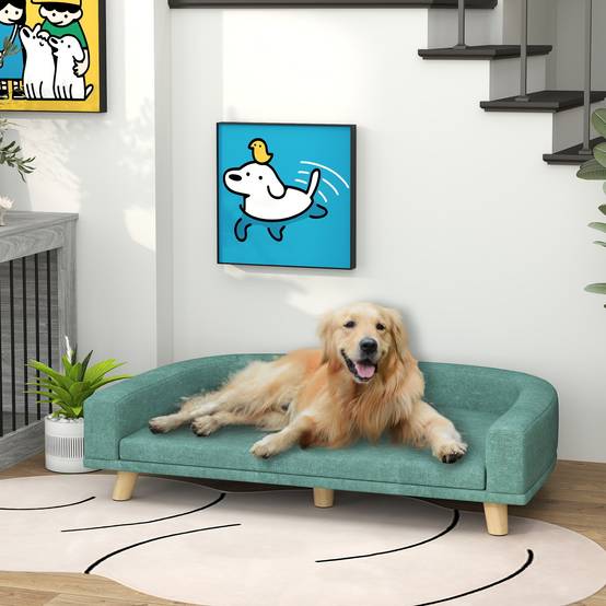 Canapé pour chien grand lit surélevé pour chien coussin lavable cadre en bois tissu polyester 98 x 67 x 25 cm vert clair - Image 4