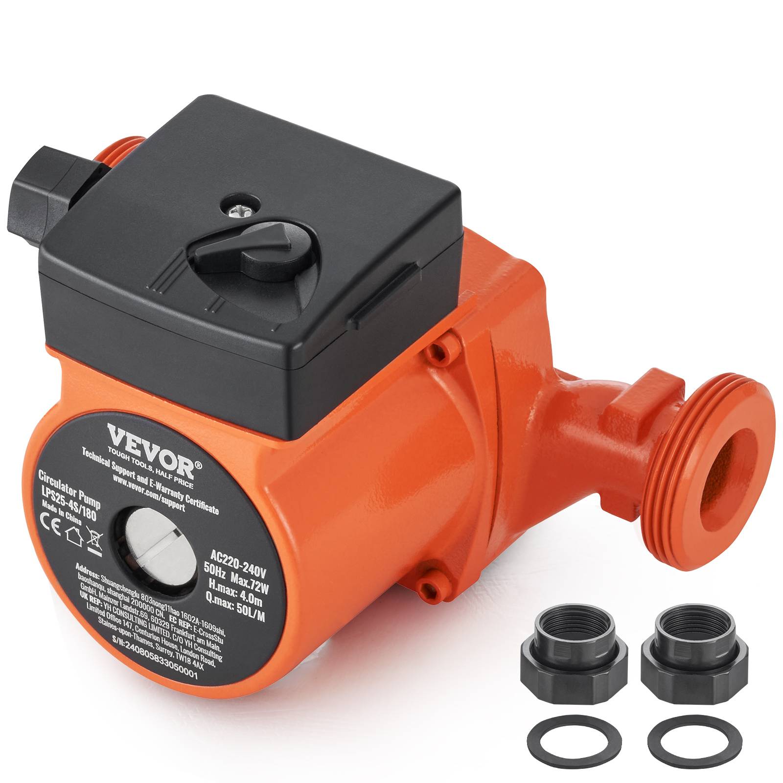 VEVOR Pompe circulation eau chaude LPS25-4S-180, 50 L/min, 3 vitesses, 220V 72W, hauteur 4m, pour chauffe-eau. - Image 1