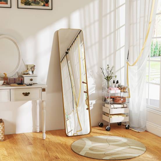 Miroir Psyché Sur Pied Métal Doré 160x40cm Chambre Salon Verre Incassable - ComfortXL Outdoor Living - Image 1