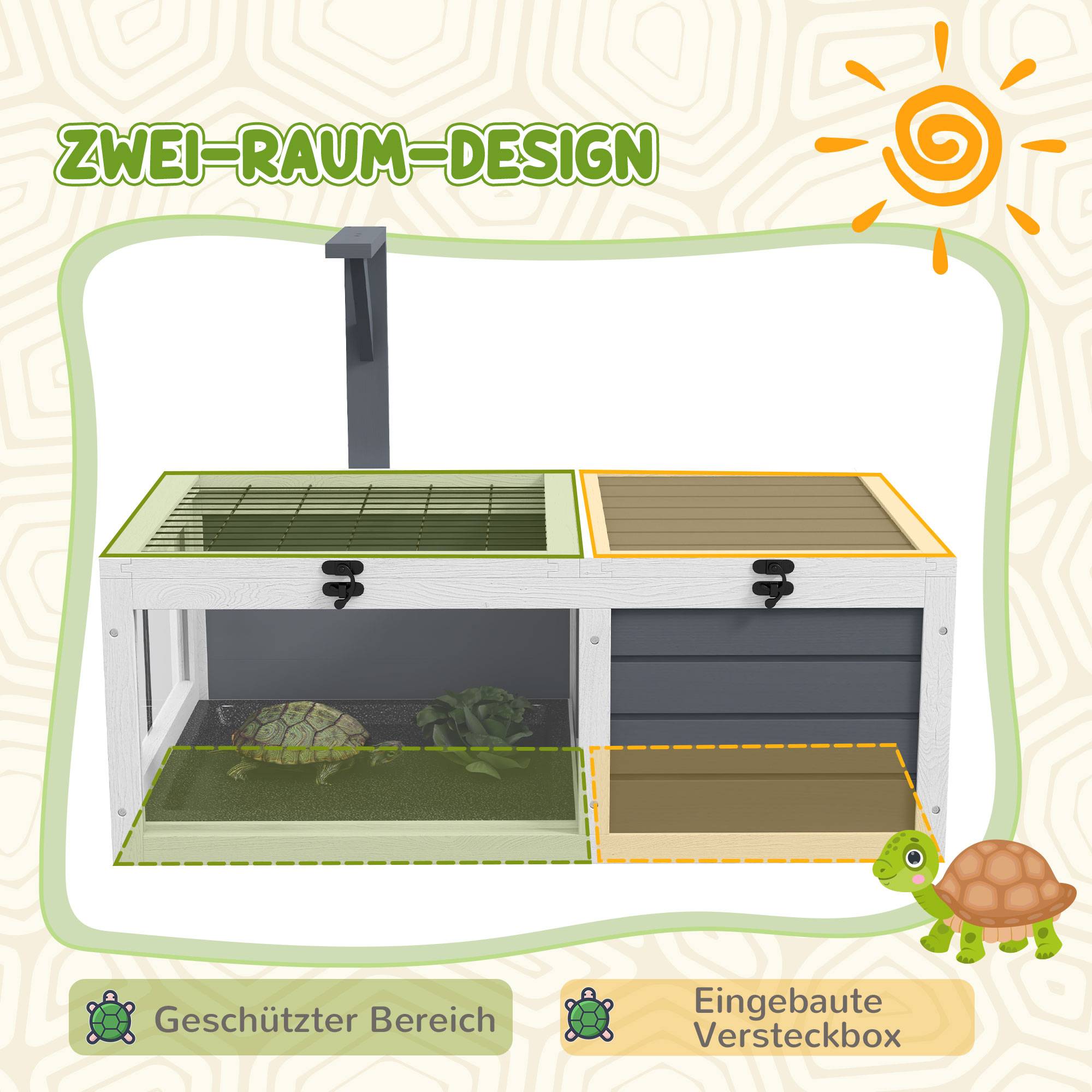Maison pour tortues, boîte à reptiles avec 2 espaces, couvercle, bacs plastique, fenêtre, bois, gris - Image 6