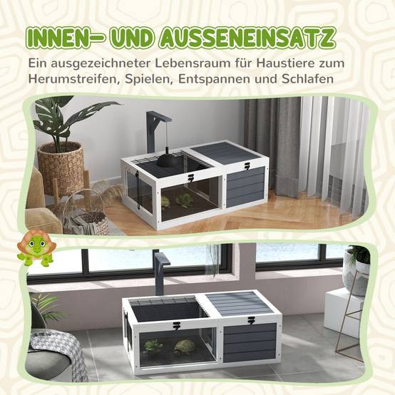 Maison pour tortues, boîte à reptiles avec 2 espaces, couvercle, bacs plastique, fenêtre, bois, gris - Image 10