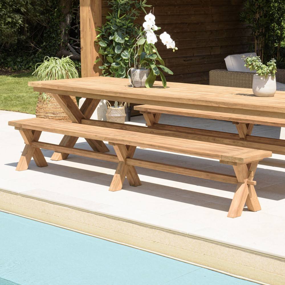 Macabane - KALLY - Banc de jardin 270x35cm en bois teck recyclé pieds croisés - Imagen 2