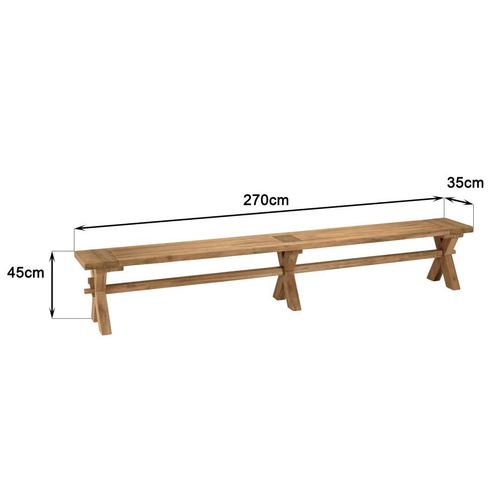 Macabane - KALLY - Banc de jardin 270x35cm en bois teck recyclé pieds croisés - Imagen 7