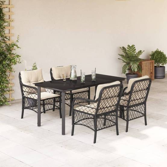 Table et Chaises de Jardin 4 Personnes, Résine Tressée Noire et Coussins Blanc Crème, 160x80cm – ComfortXL Outdoor Living - Image 1