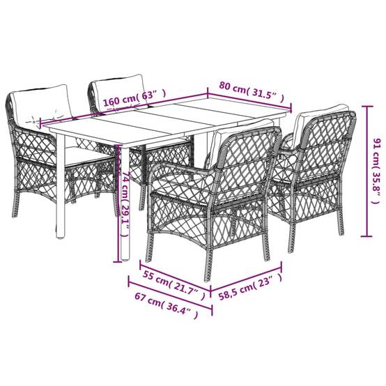 Table et Chaises de Jardin 4 Personnes, Résine Tressée Noire et Coussins Blanc Crème, 160x80cm – ComfortXL Outdoor Living - Image 7