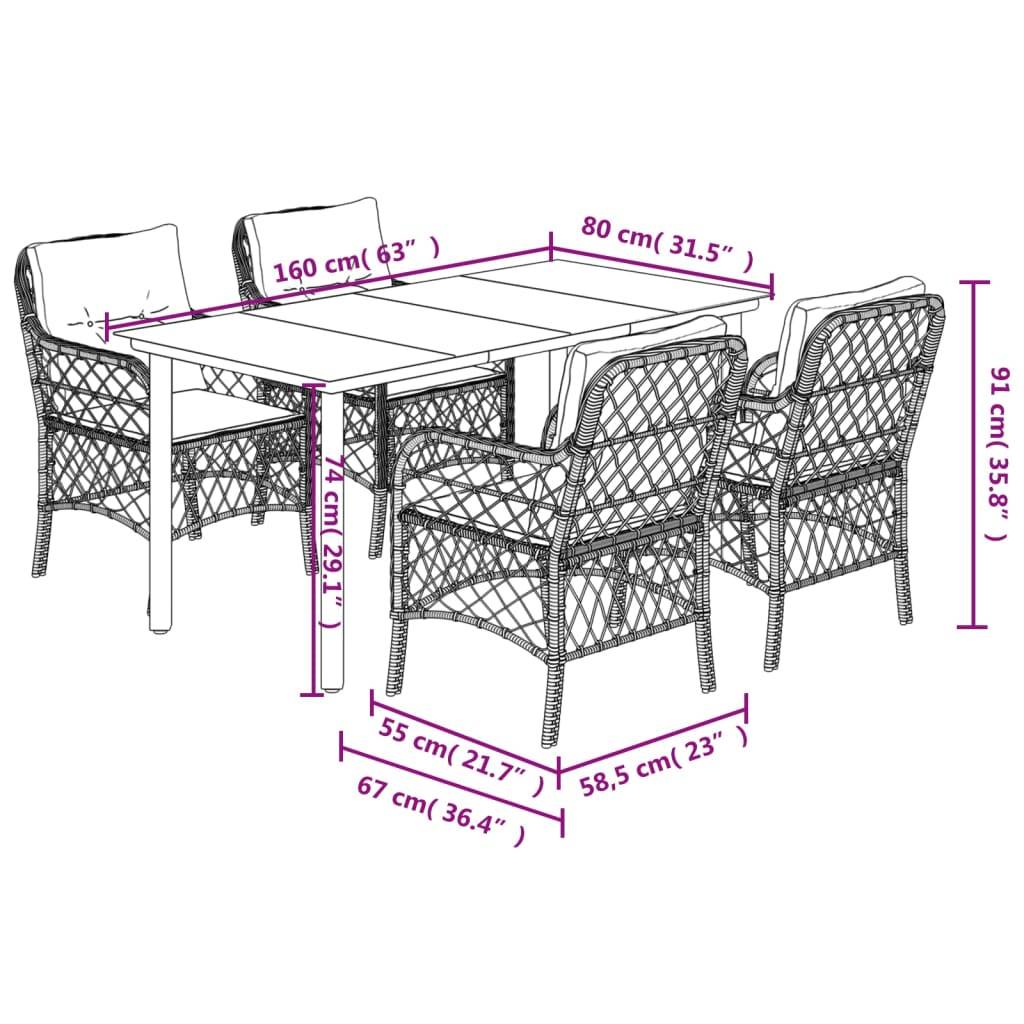 Table et Chaises de Jardin 4 Personnes, Résine Tressée Noire et Coussins Blanc Crème, 160x80cm – ComfortXL Outdoor Living - Image 7