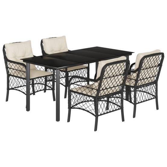 Table et Chaises de Jardin 4 Personnes, Résine Tressée Noire et Coussins Blanc Crème, 160x80cm – ComfortXL Outdoor Living - Image 2
