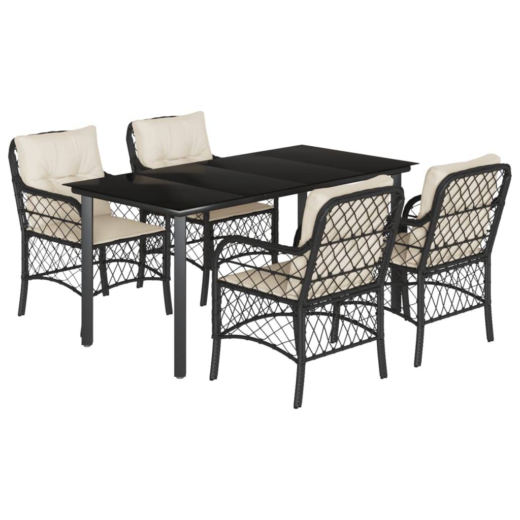 Table et Chaises de Jardin 4 Personnes, Résine Tressée Noire et Coussins Blanc Crème, 160x80cm – ComfortXL Outdoor Living - Image 2