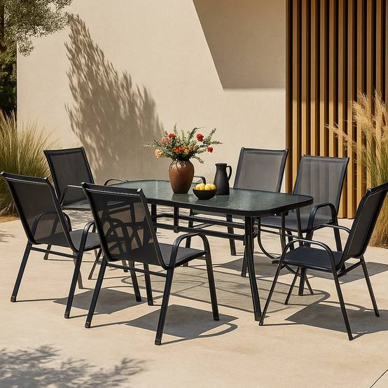 Casa.Pro - Salon de jardin 7 pièces Aradeo avec table à manger et 6 chaises acier verre trempé textilène casa.pro - Imagen 2
