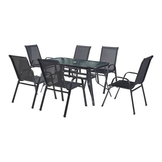 Casa.Pro - Salon de jardin 7 pièces Aradeo avec table à manger et 6 chaises acier verre trempé textilène casa.pro - Imagen 1