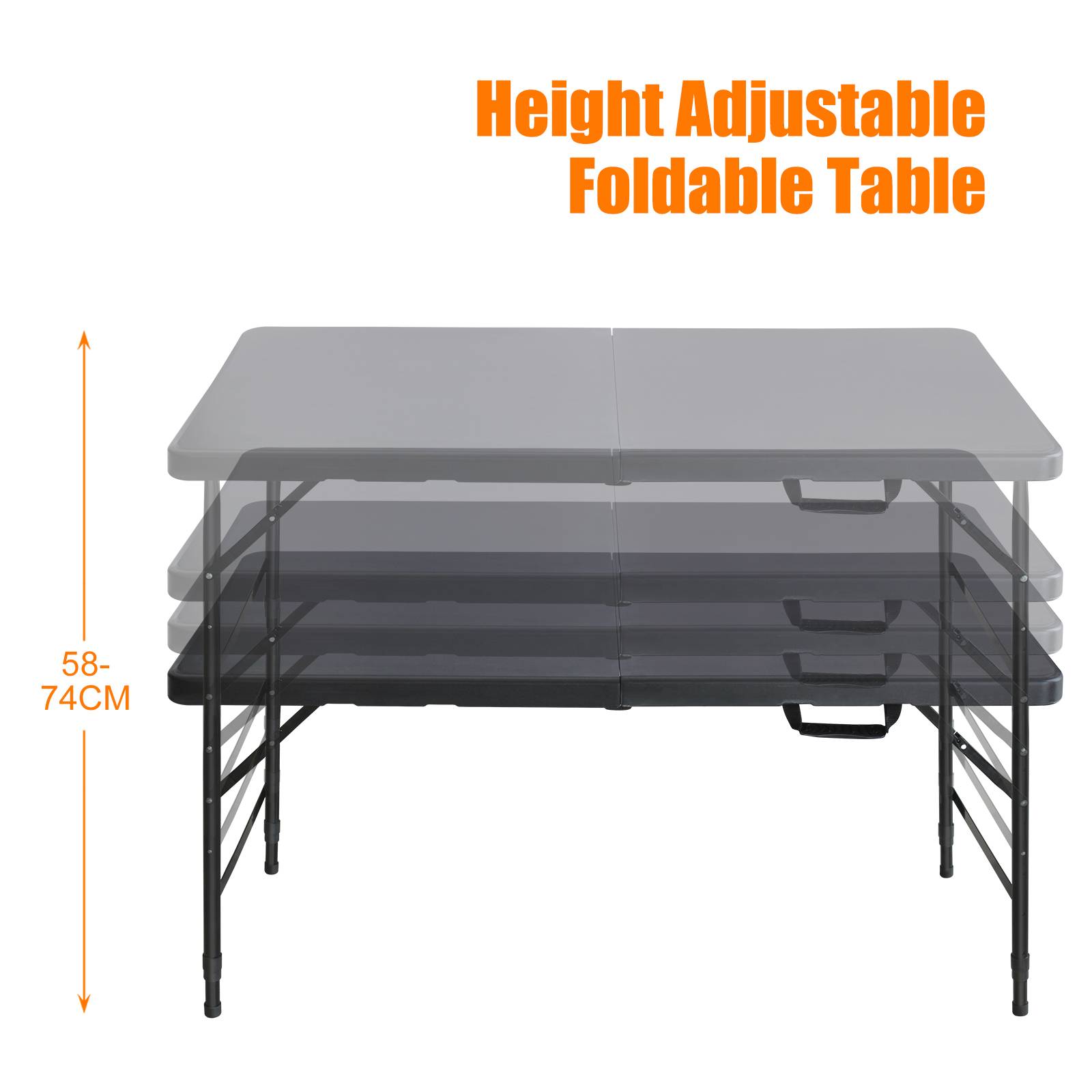 Table pliante robuste 125 cm, portable avec poignée, hauteur réglable, multifonctionnel camping intérieur extérieur, charge 135 kg (noir) - Image 5