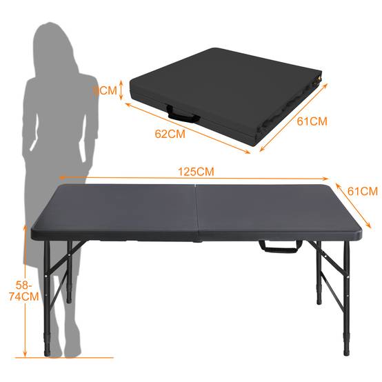 Table pliante robuste 125 cm, portable avec poignée, hauteur réglable, multifonctionnel camping intérieur extérieur, charge 135 kg (noir) - Image 6