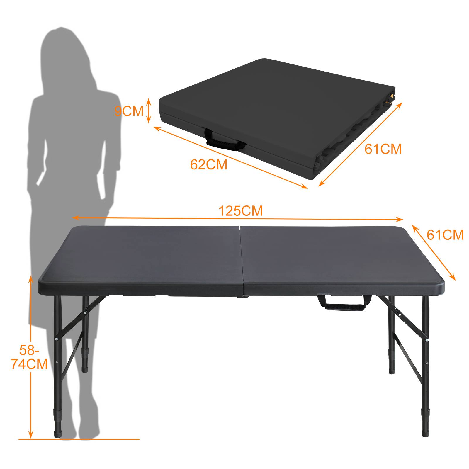 Table pliante robuste 125 cm, portable avec poignée, hauteur réglable, multifonctionnel camping intérieur extérieur, charge 135 kg (noir) - Image 6