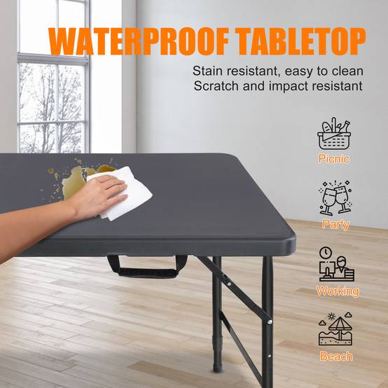 Table pliante robuste 125 cm, portable avec poignée, hauteur réglable, multifonctionnel camping intérieur extérieur, charge 135 kg (noir) - Image 3