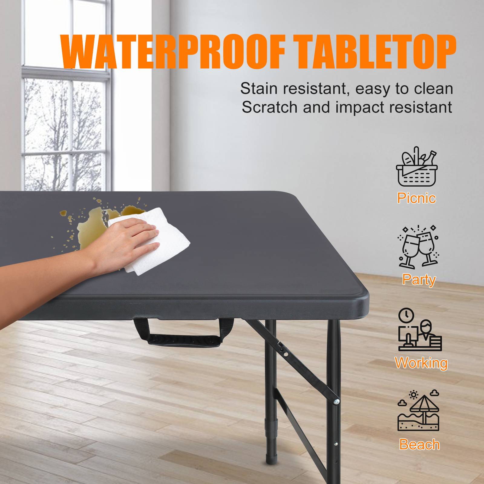 Table pliante robuste 125 cm, portable avec poignée, hauteur réglable, multifonctionnel camping intérieur extérieur, charge 135 kg (noir) - Image 3