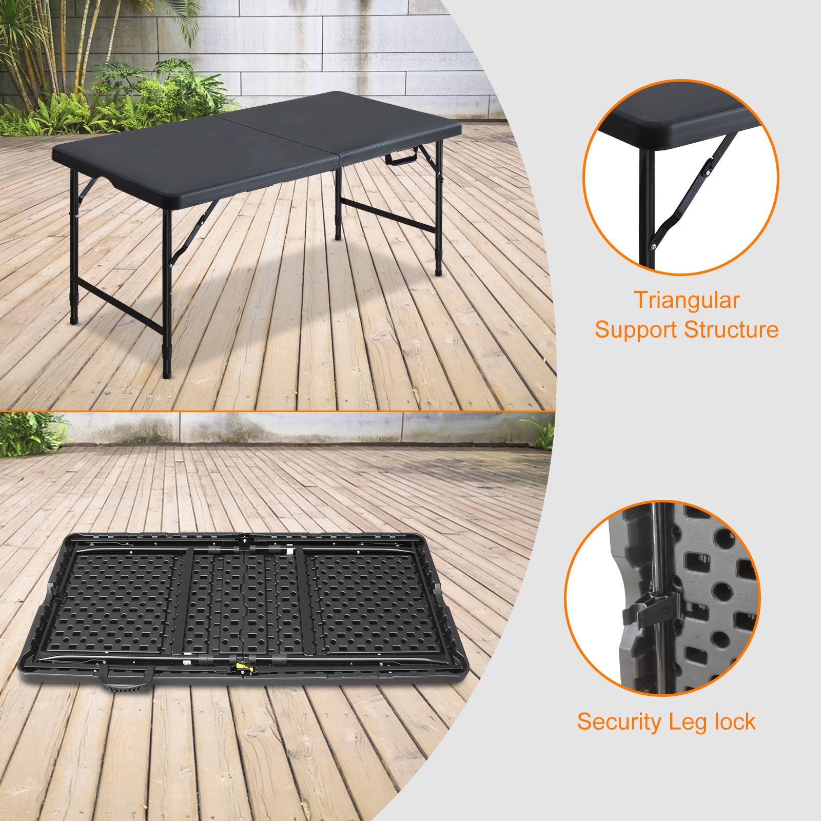 Table pliante robuste 125 cm, portable avec poignée, hauteur réglable, multifonctionnel camping intérieur extérieur, charge 135 kg (noir) - Image 4