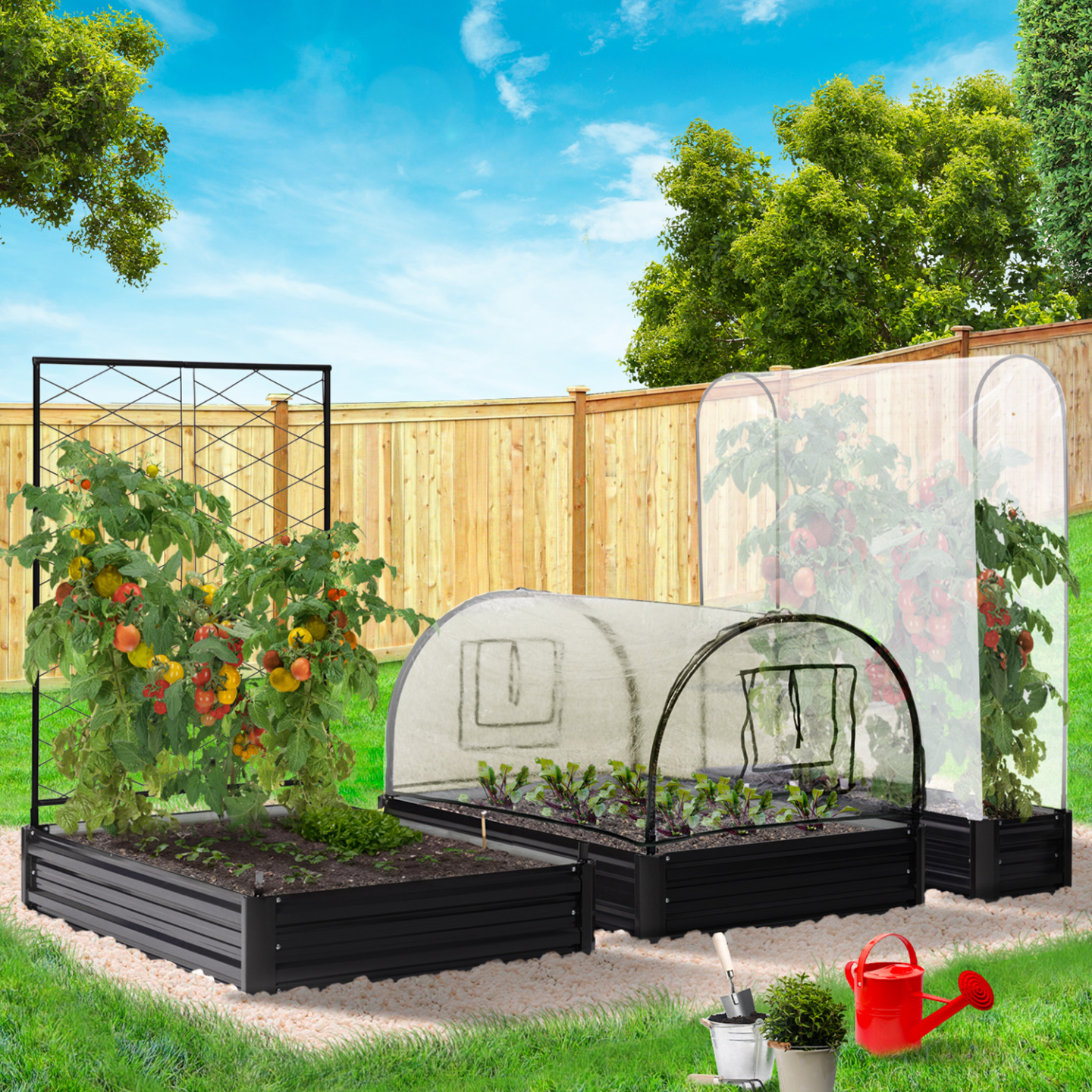 IDMARKET - Kit complet 3 bacs métal modulables carrés potager et serre à tomates + treillis + housse