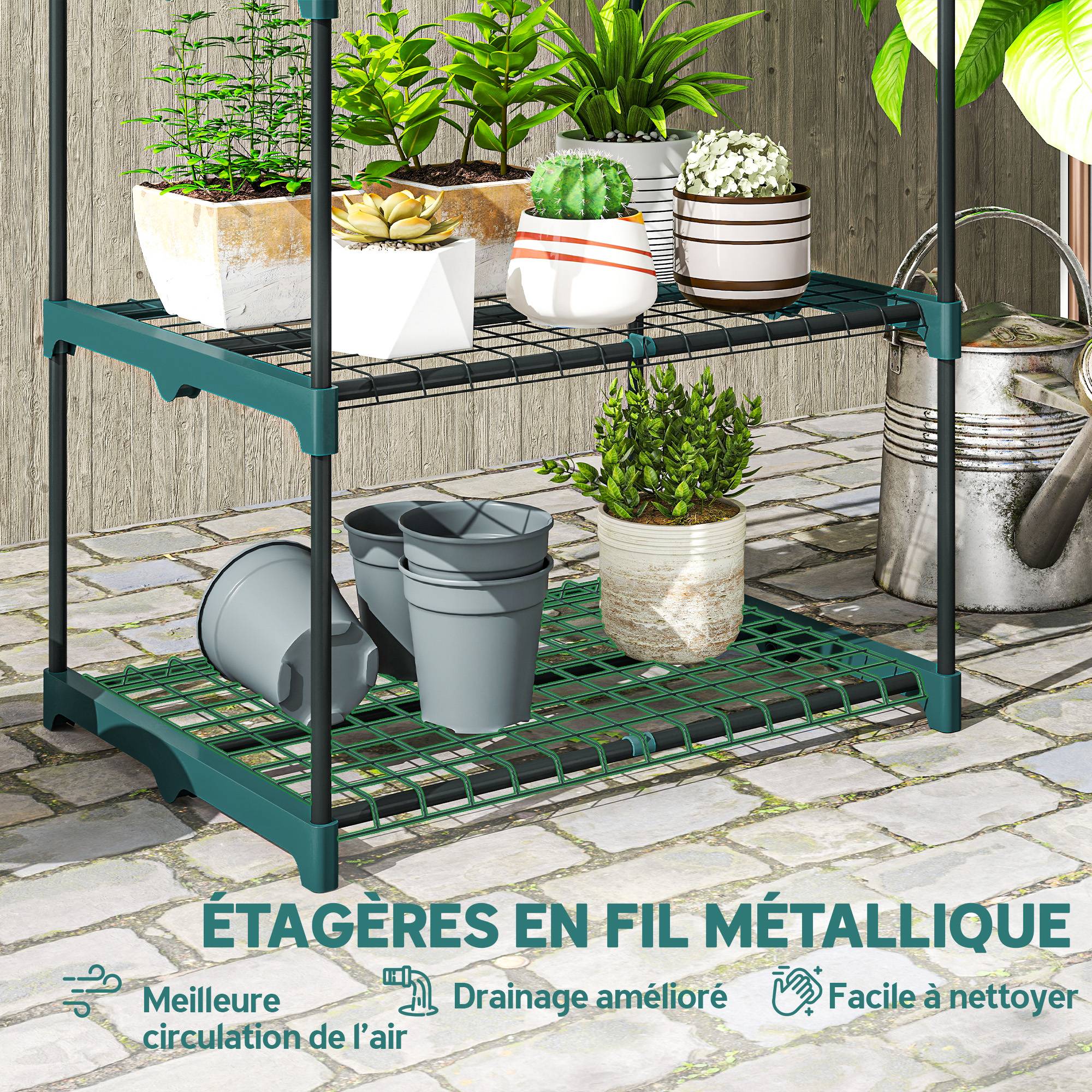 Sans Marque - Étagère à fleurs en acier 4 niveaux intérieur et extérieur support de plantes pour jardin balcon salon 67x49x105cm vert - Image 7