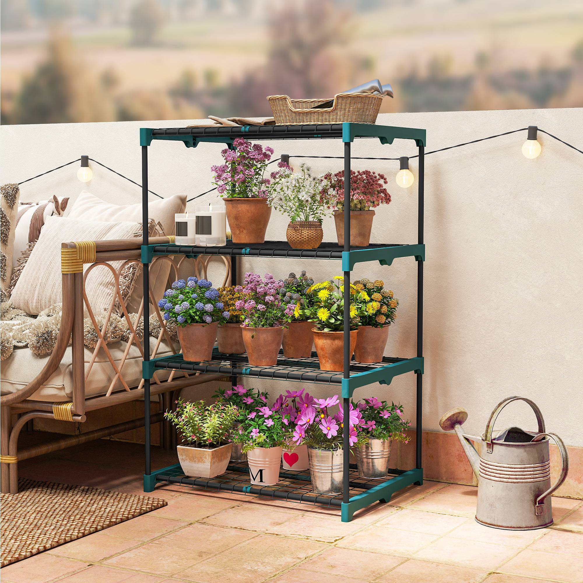 Sans Marque - Étagère à fleurs en acier 4 niveaux intérieur et extérieur support de plantes pour jardin balcon salon 67x49x105cm vert - Image 4