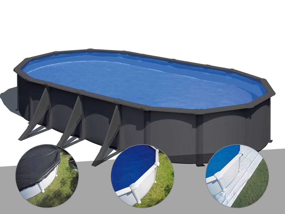 Gré - Kit piscine acier gris anthracite Gré Louko ovale 7,44 x 3,99 x 1,22 m + Bâche d'hivernage + Bâche à bulles + Tapis de sol