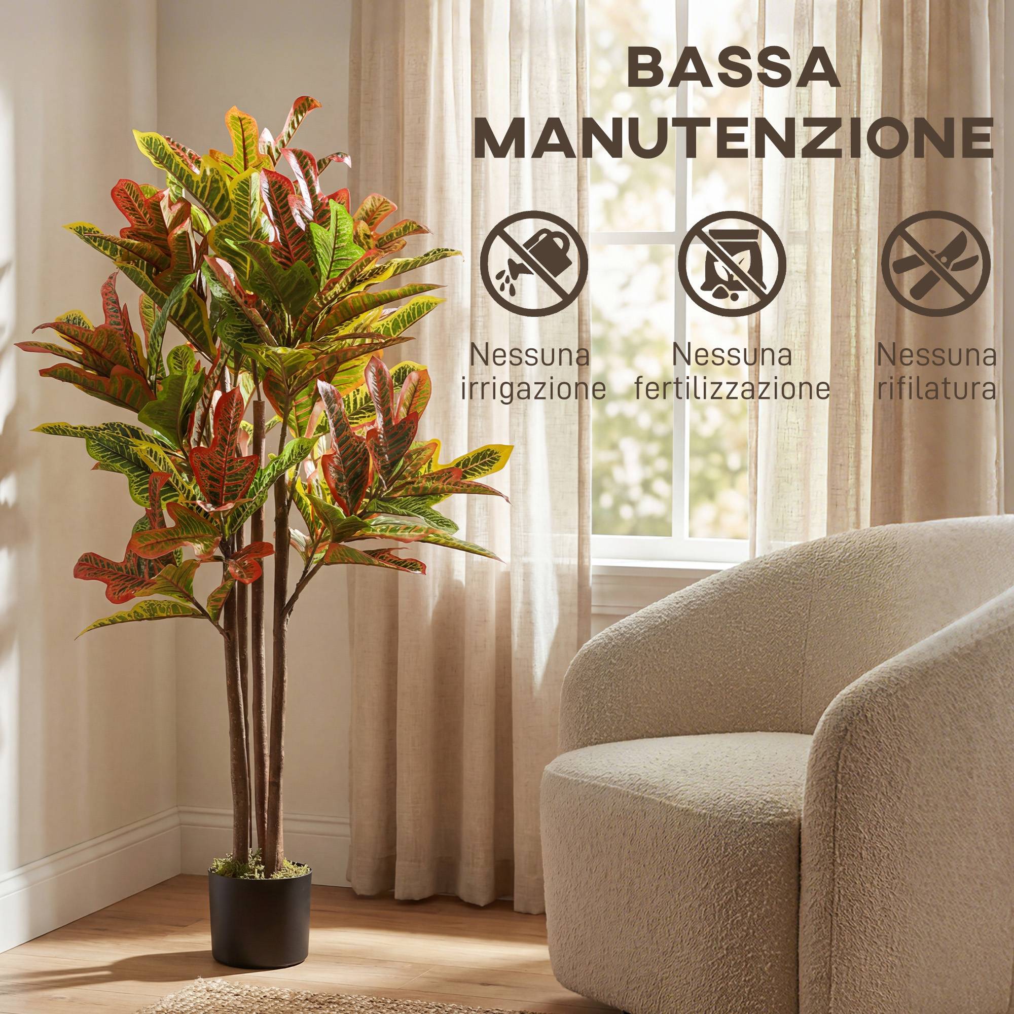 Croton artificiel multicolore PEVA/bois, pot PP/ciment, 55x55x120cm - Image 7
