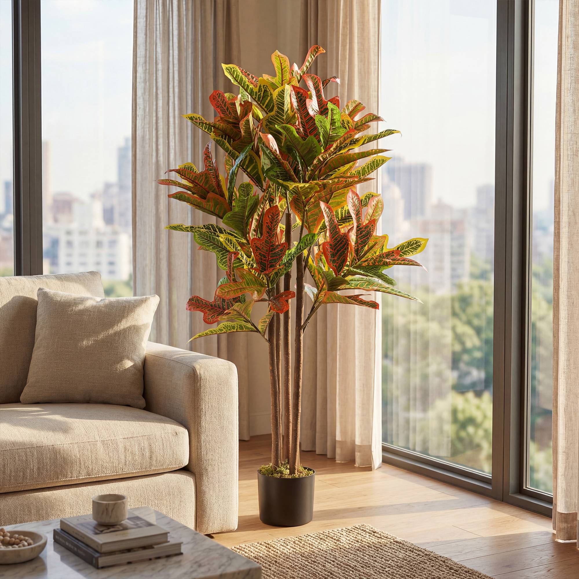 Croton artificiel multicolore PEVA/bois, pot PP/ciment, 55x55x120cm - Image 4