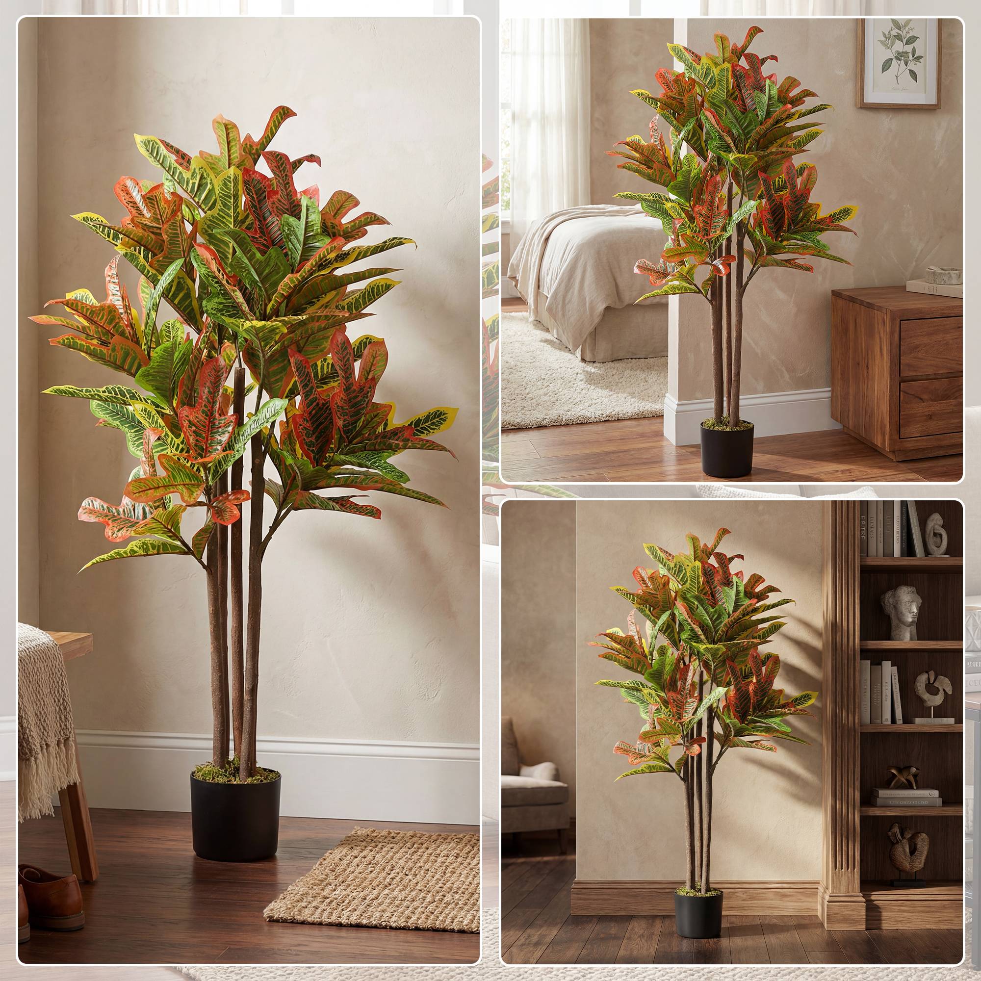 Croton artificiel multicolore PEVA/bois, pot PP/ciment, 55x55x120cm - Image 9