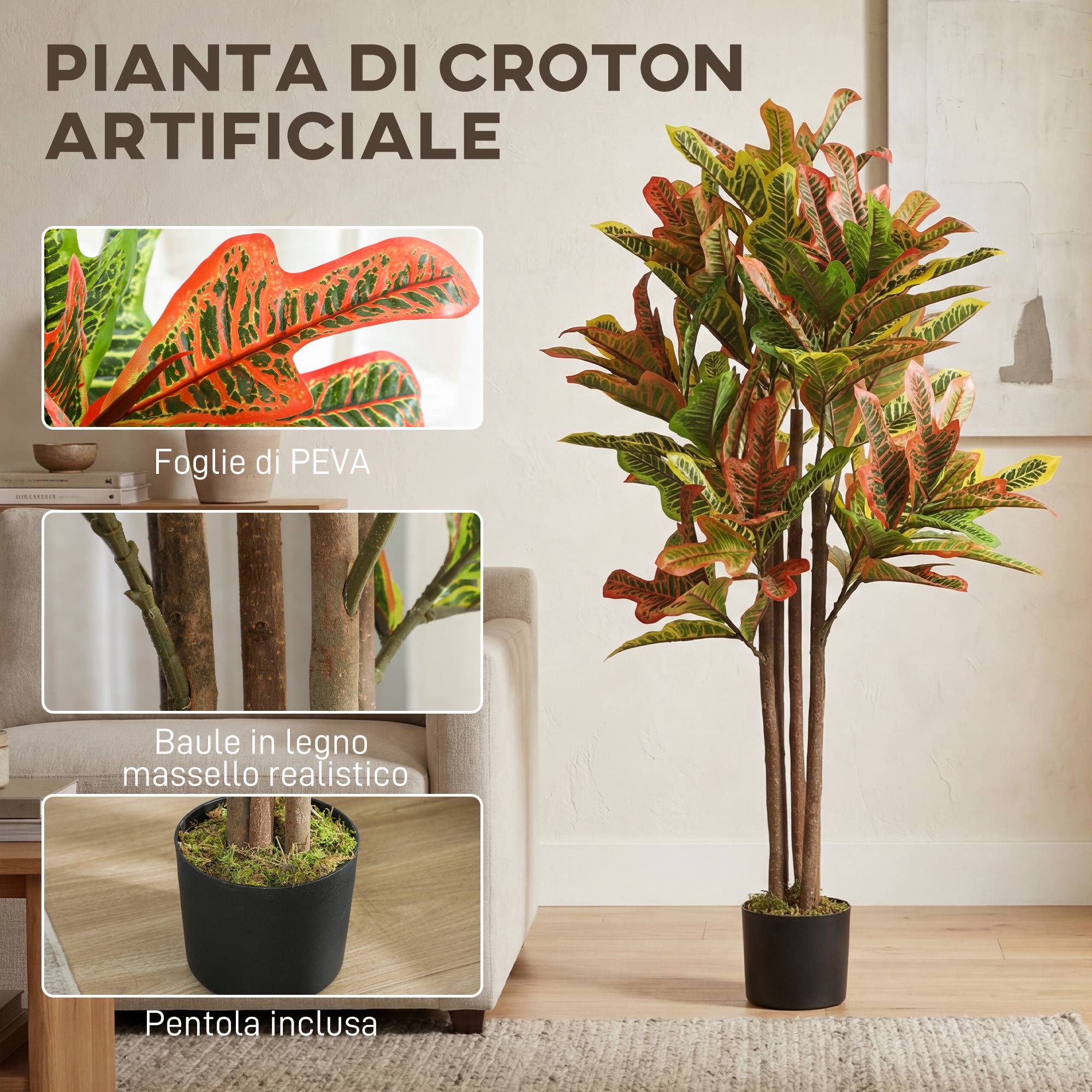 Croton artificiel multicolore PEVA/bois, pot PP/ciment, 55x55x120cm - Image 6