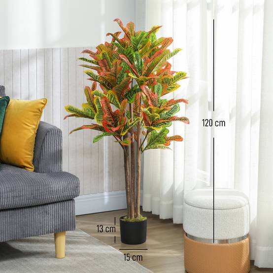Croton artificiel multicolore PEVA/bois, pot PP/ciment, 55x55x120cm - Image 5