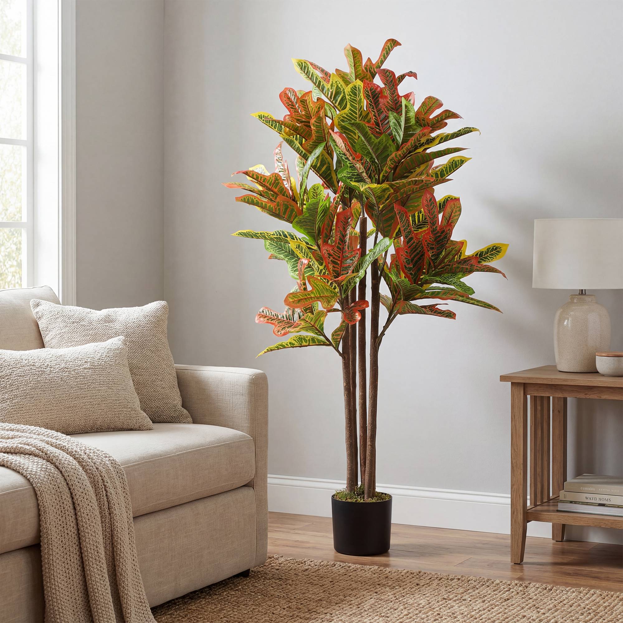 Croton artificiel multicolore PEVA/bois, pot PP/ciment, 55x55x120cm - Image 10