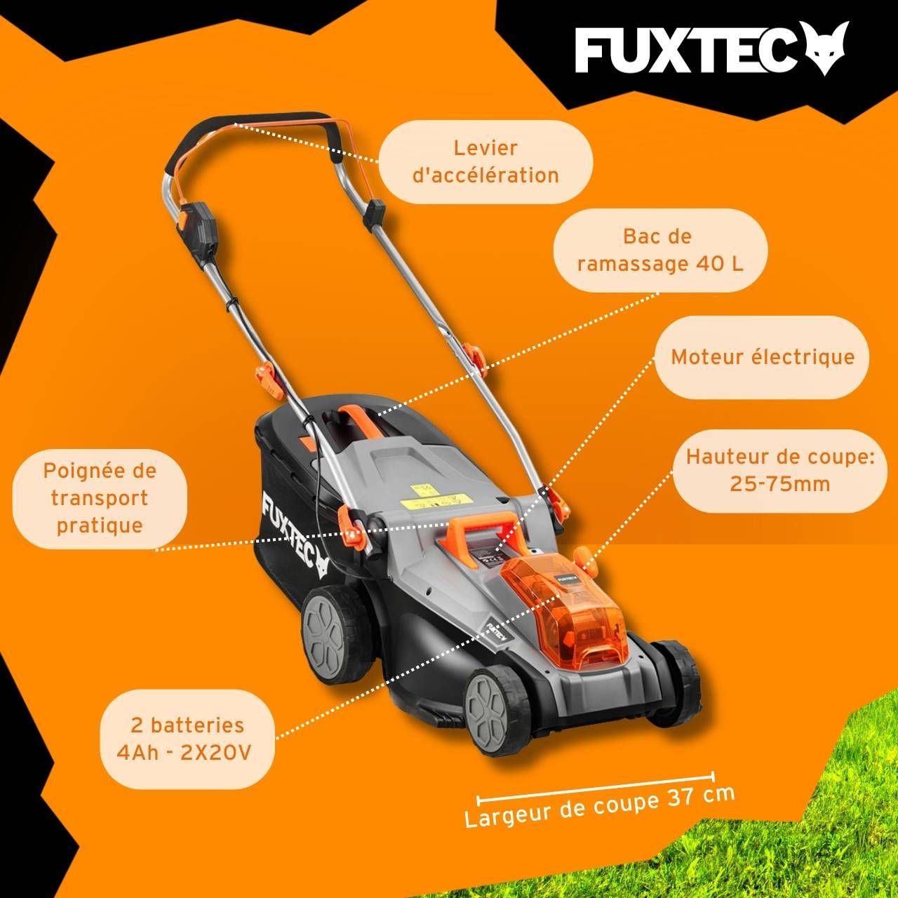 FUXTEC - Tondeuse gazon sans fil 40 V coupe 37 cm avec 2 batteries 4 Ah et bac 40 L – Fuxtec - Image 6