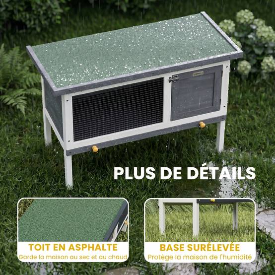 Sans Marque - Clapier Lapin Extérieur en Bois, avec Toit Ouvrable en Asphalt et Plateau Coulissant, Design Surélevé, 90x45x65cm, Gris - Image 9