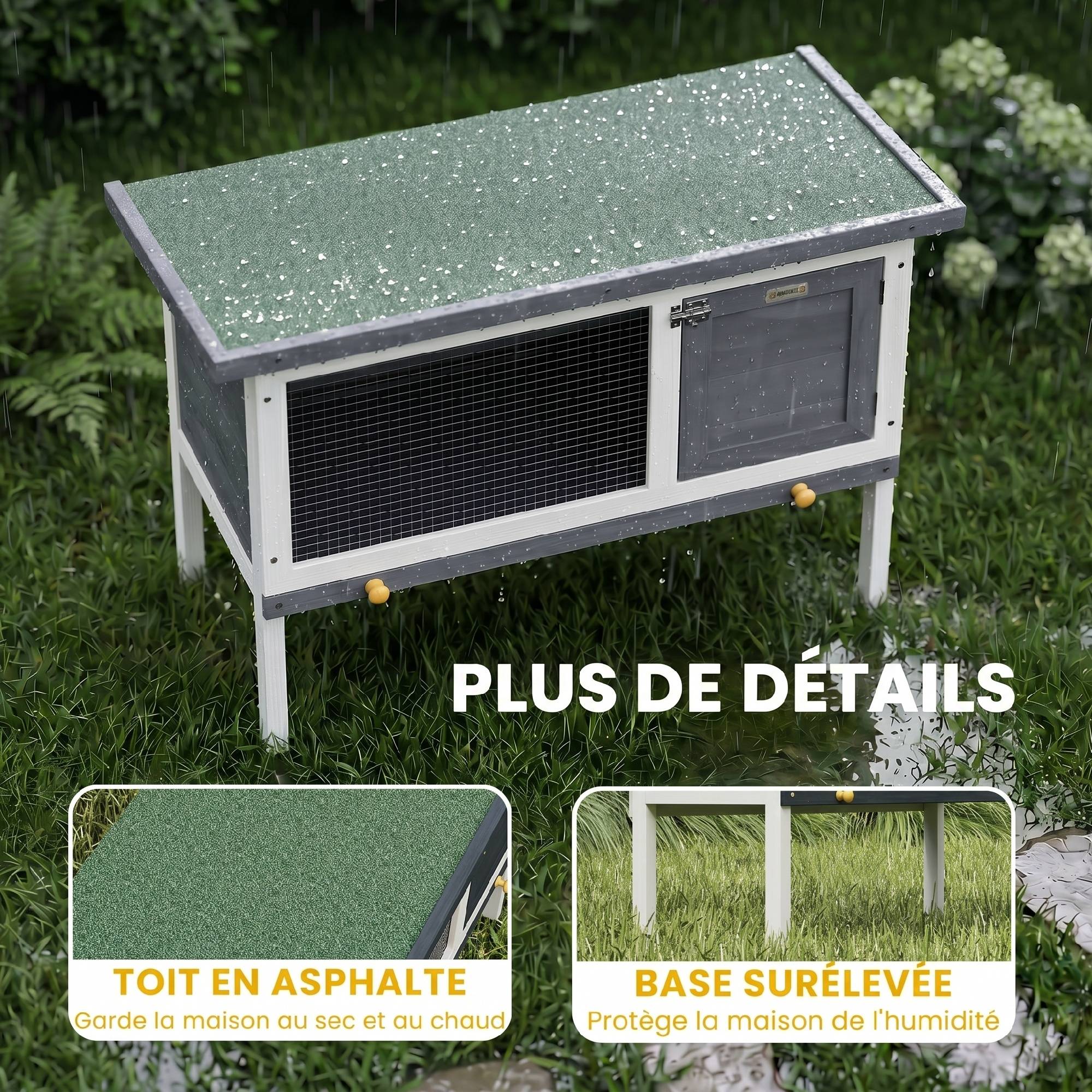 Sans Marque - Clapier Lapin Extérieur en Bois, avec Toit Ouvrable en Asphalt et Plateau Coulissant, Design Surélevé, 90x45x65cm, Gris - Image 9