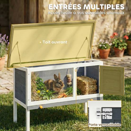 Sans Marque - Clapier Lapin Extérieur en Bois, avec Toit Ouvrable en Asphalt et Plateau Coulissant, Design Surélevé, 90x45x65cm, Gris - Image 7
