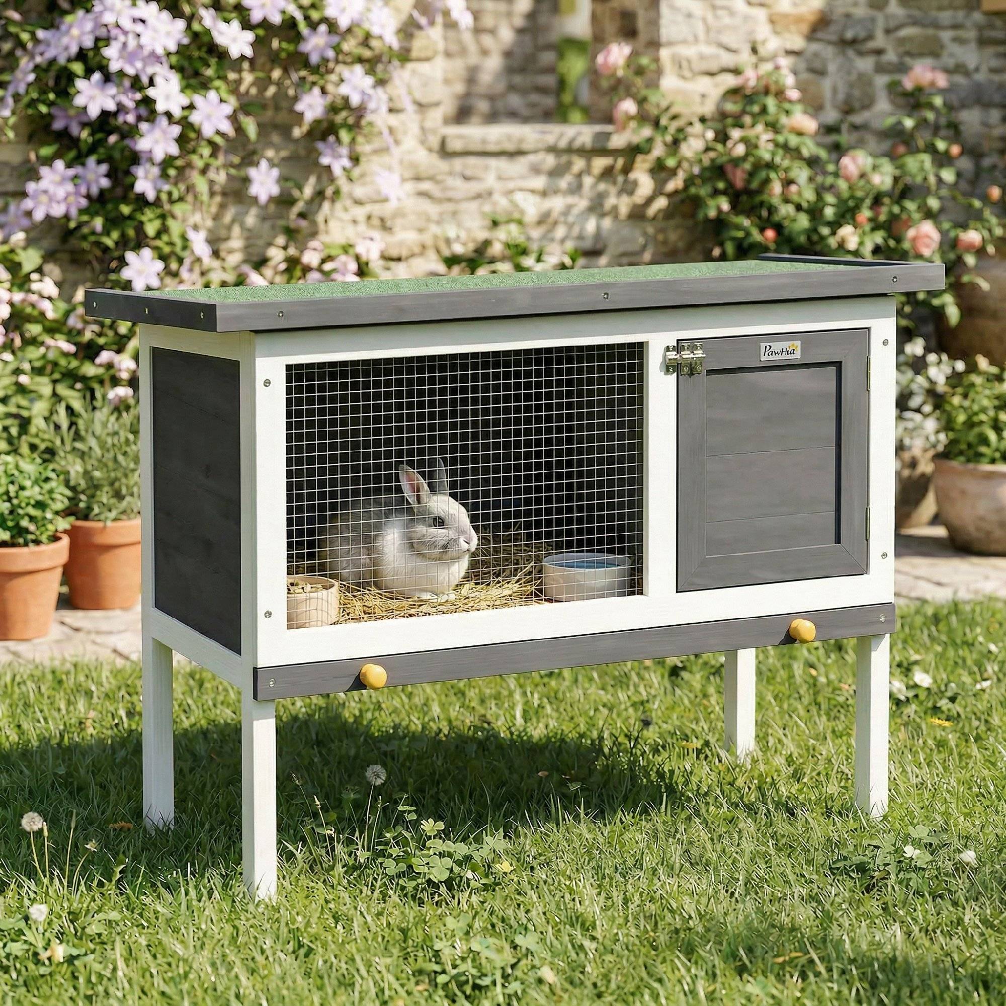 Sans Marque - Clapier Lapin Extérieur en Bois, avec Toit Ouvrable en Asphalt et Plateau Coulissant, Design Surélevé, 90x45x65cm, Gris - Image 10