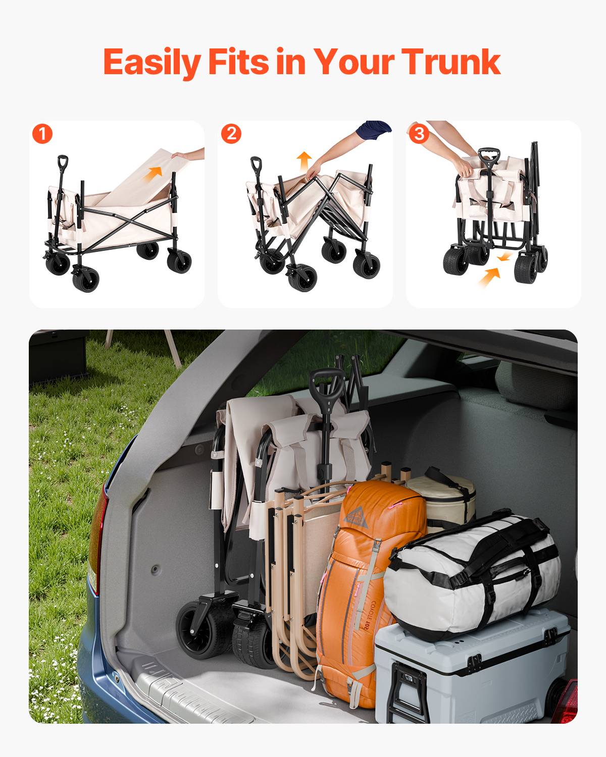 VEVOR Chariot jardin pliable 220L convertible banc, cap.249kg, poignée régl., extérieur/camping. - Image 5